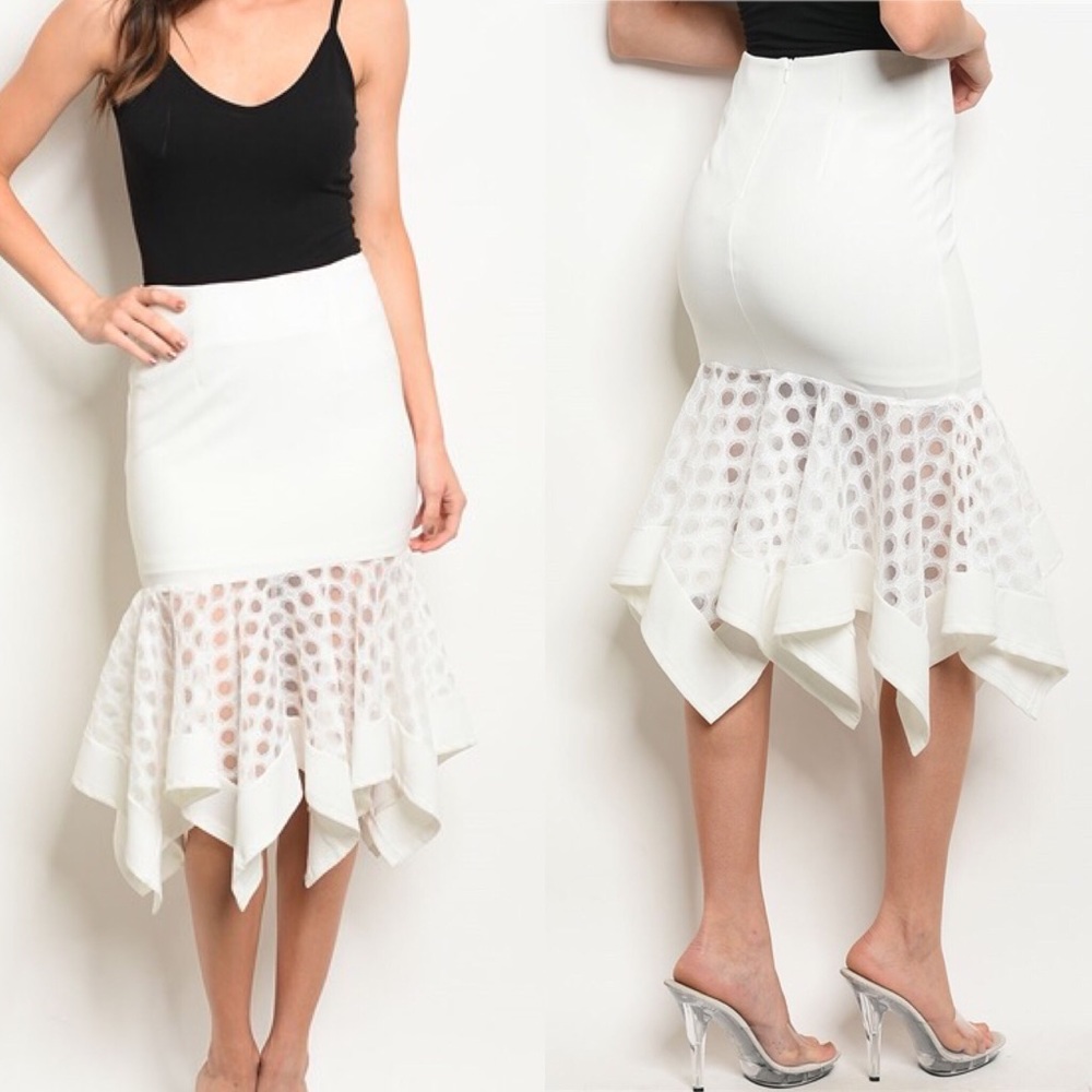 Off White Ruffled Midi Skirt